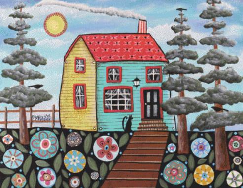 Teal & Yellow House Collage counted cross stitch pattern by Karla Gerard