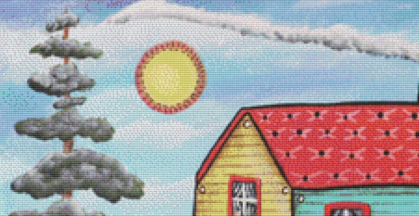 Teal & Yellow House Collage counted cross stitch pattern by Karla Gerard