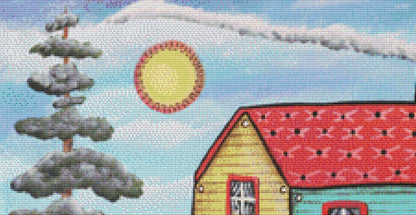 Teal & Yellow House Collage counted cross stitch pattern by Karla Gerard