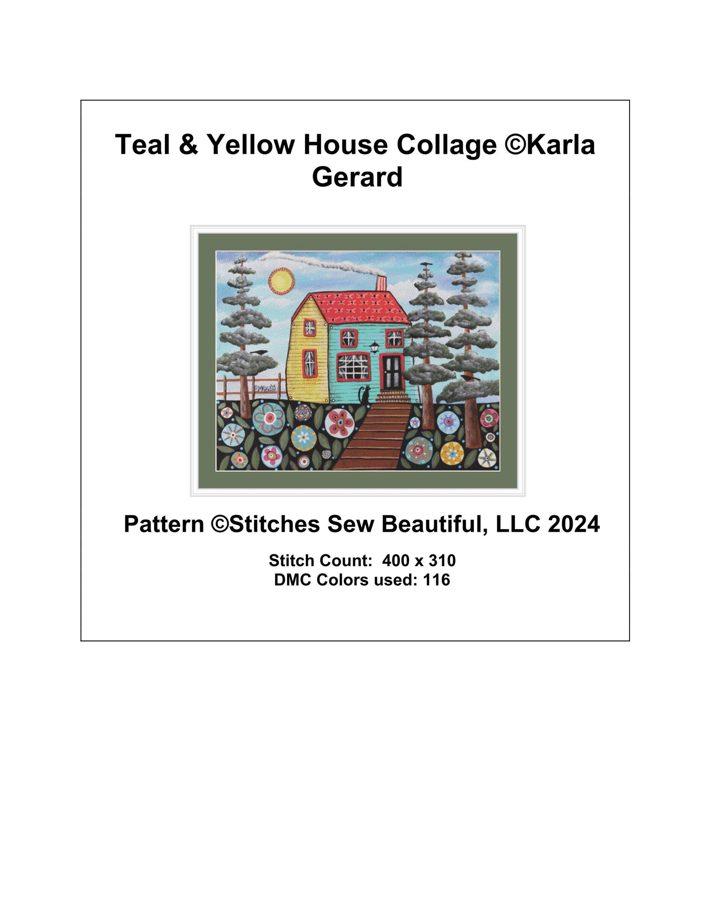 Teal & Yellow House Collage counted cross stitch pattern by Karla Gerard