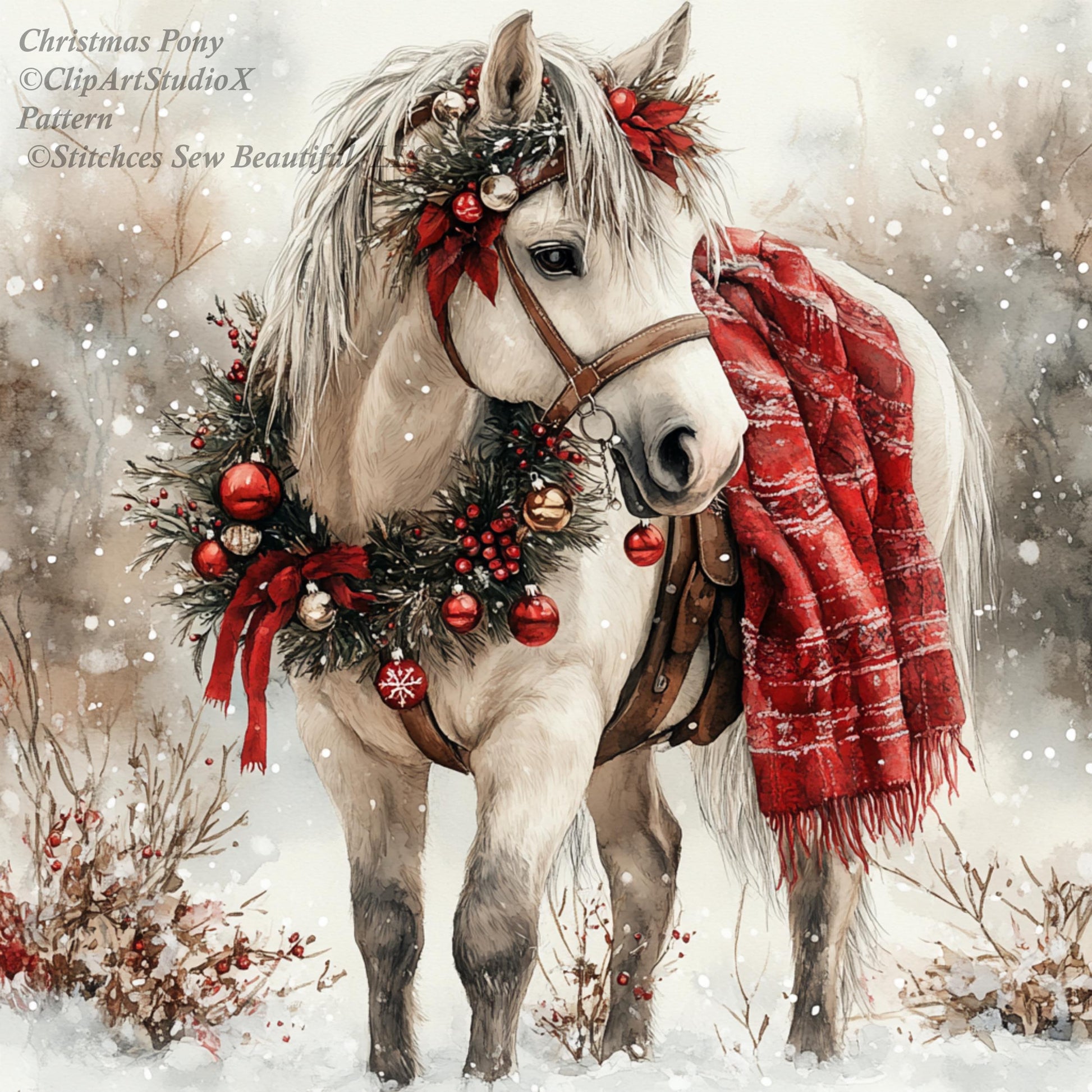 Christmas Pony counted cross stitch pattern by ClipArtStudioX