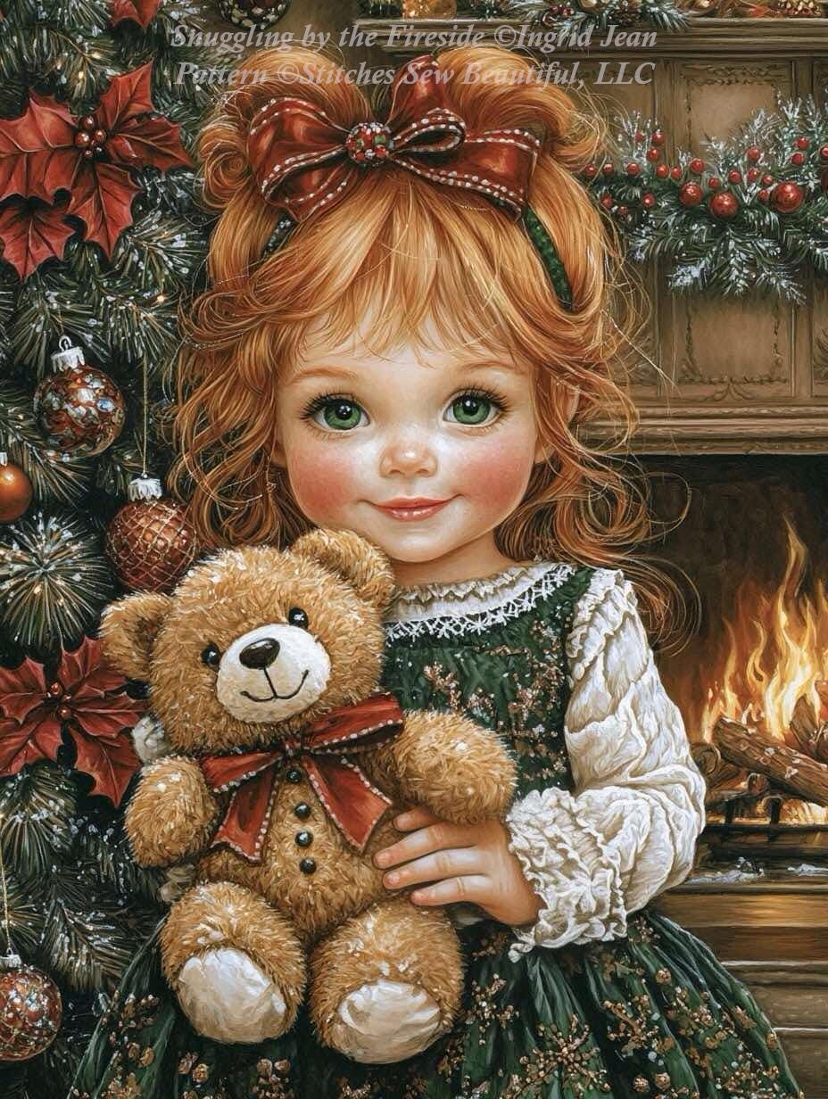 Snuggling by the Fireside counted cross stitch pattern by Ingrid Jean AI Art