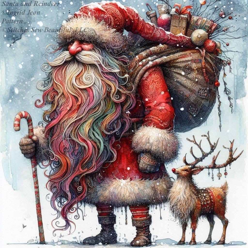 Santa and Reindeer (Max Size/Color) counted cross siitch pattern by Ingrid Jean AI Art