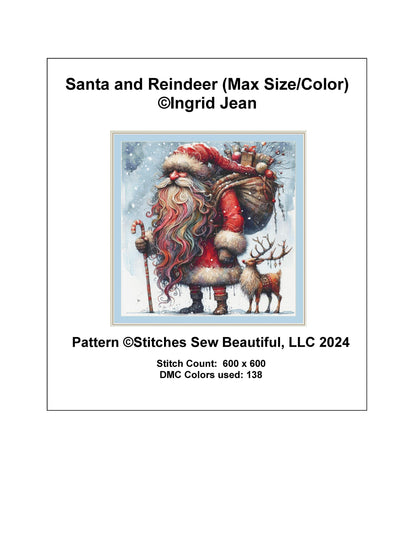 Santa and Reindeer (Max Size/Color) counted cross siitch pattern by Ingrid Jean AI Art