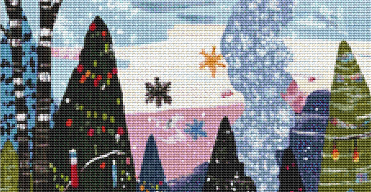 Cozy Hideaway in Winter Woods counted cross stitch pattern by The Art Revivalist