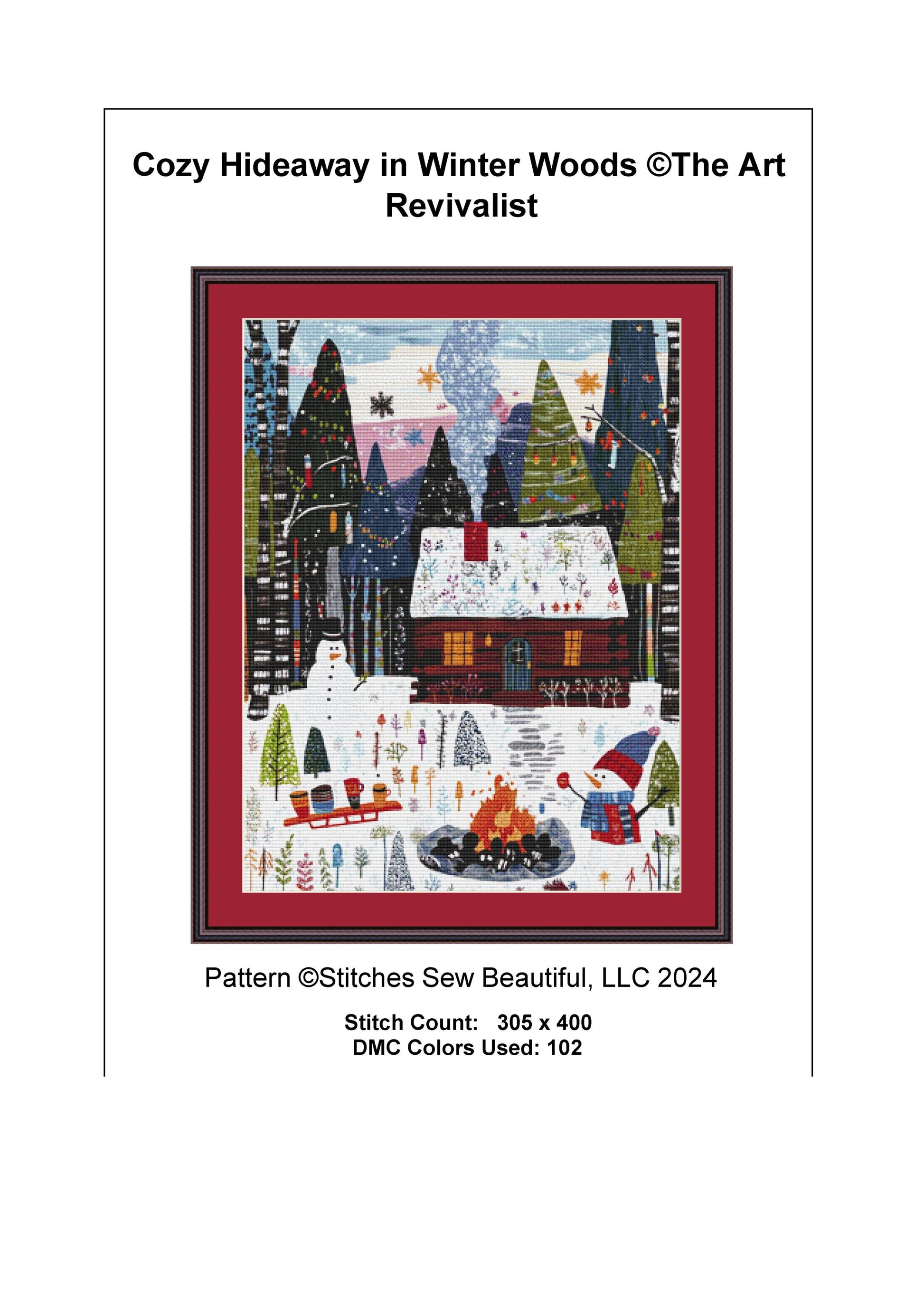Cozy Hideaway in Winter Woods counted cross stitch pattern by The Art Revivalist