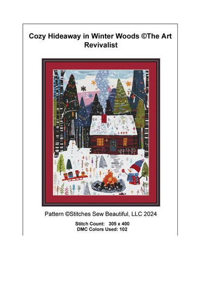 Cozy Hideaway in Winter Woods counted cross stitch pattern by The Art Revivalist