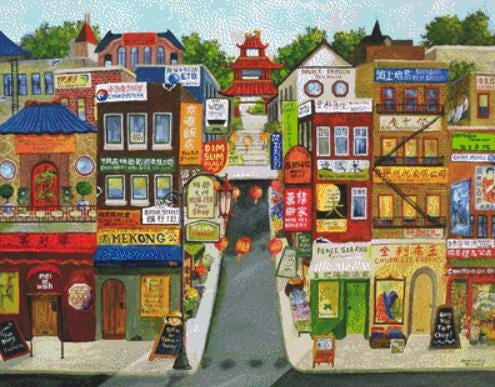 Bank Street counted cross stitch pattern by Gwendolyn McShepard/Ansada Art Licensing Group, LLC