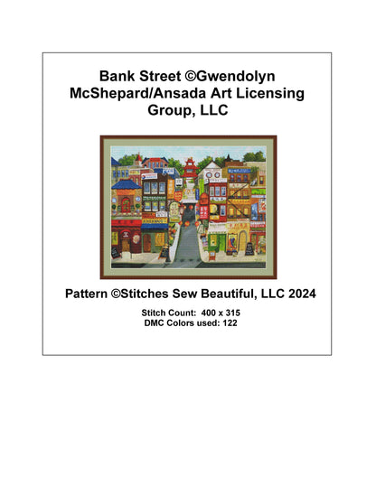 Bank Street counted cross stitch pattern by Gwendolyn McShepard/Ansada Art Licensing Group, LLC
