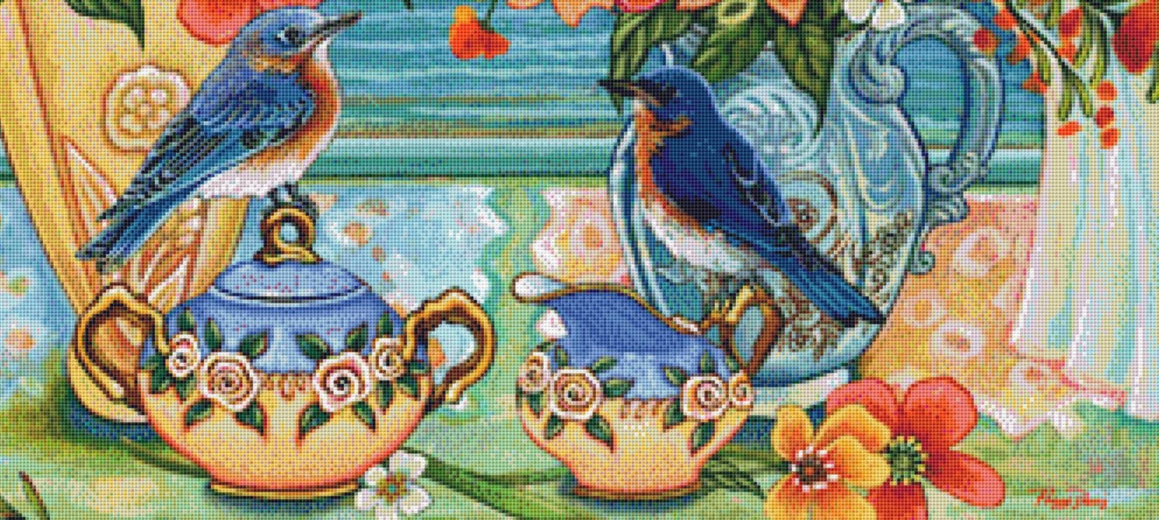 Beachside Blue Birds counted cross stitch pattern by Peggy Davis/Porterfields Fine Art Licensing