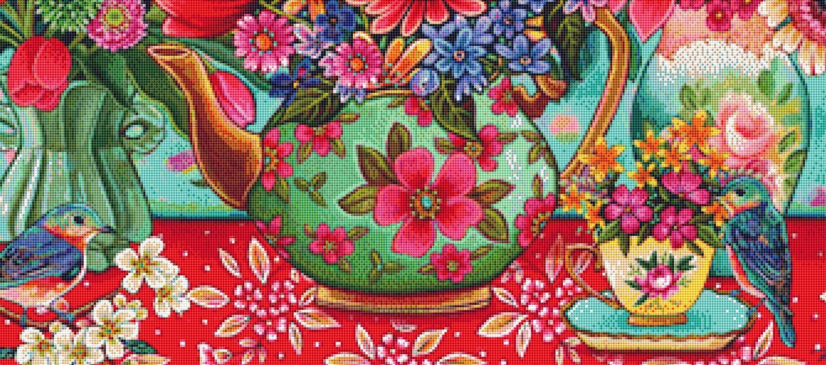 Colorful Garden Finds counted cross stitch pattern by Peggy Davis/Porterfields Fine Art Licensing