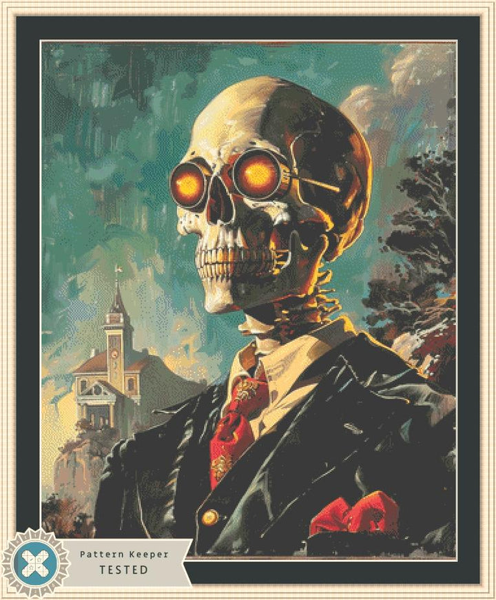 The Eerie Elegant Fiery Eyes Skull Gentleman counted cross stitch pattern by The Art Revivalist