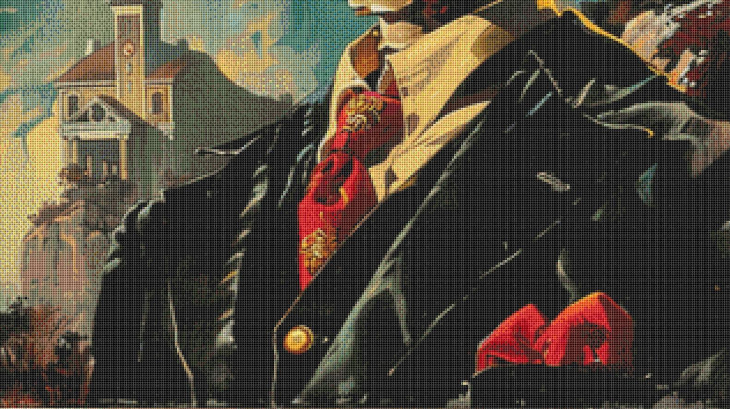 The Eerie Elegant Fiery Eyes Skull Gentleman counted cross stitch pattern by The Art Revivalist