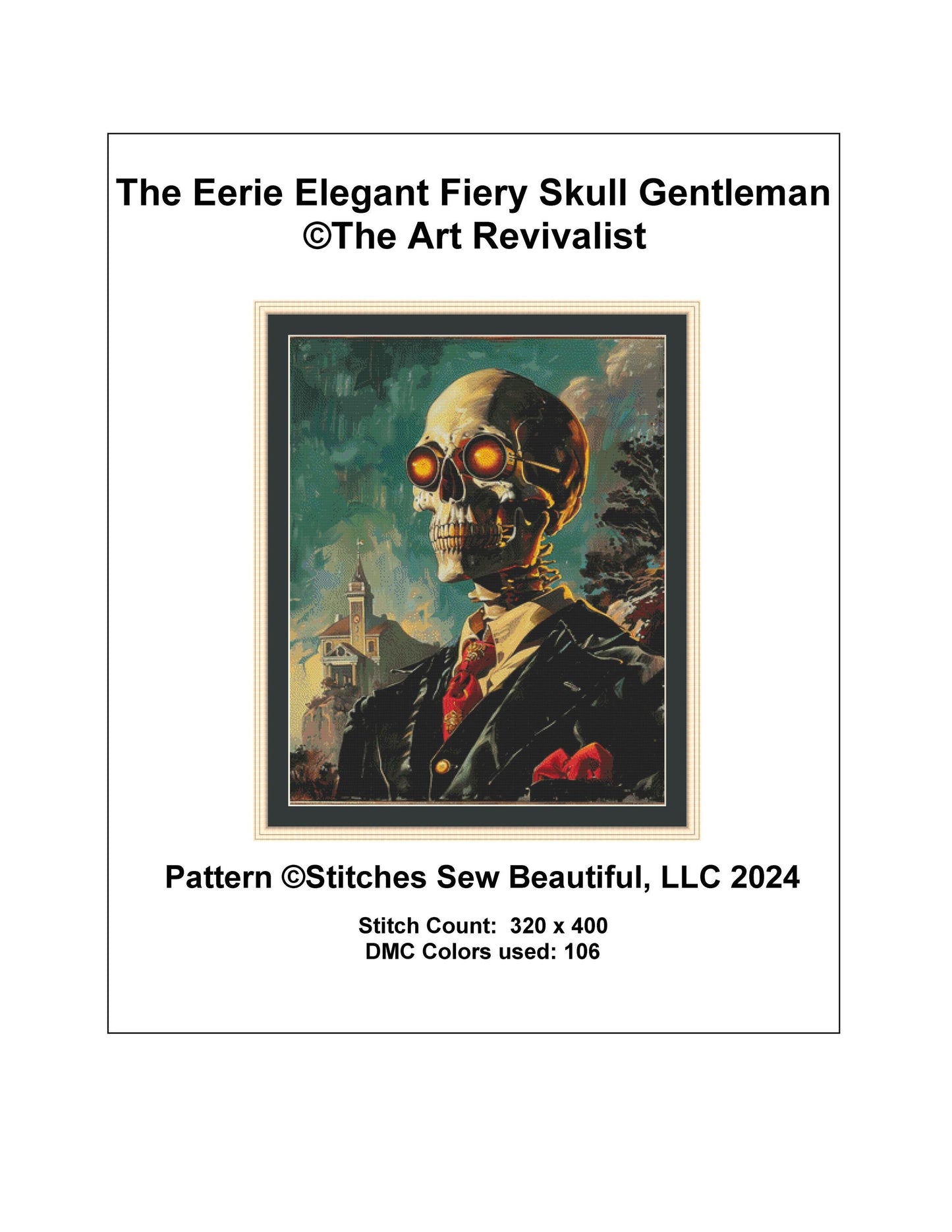 The Eerie Elegant Fiery Eyes Skull Gentleman counted cross stitch pattern by The Art Revivalist