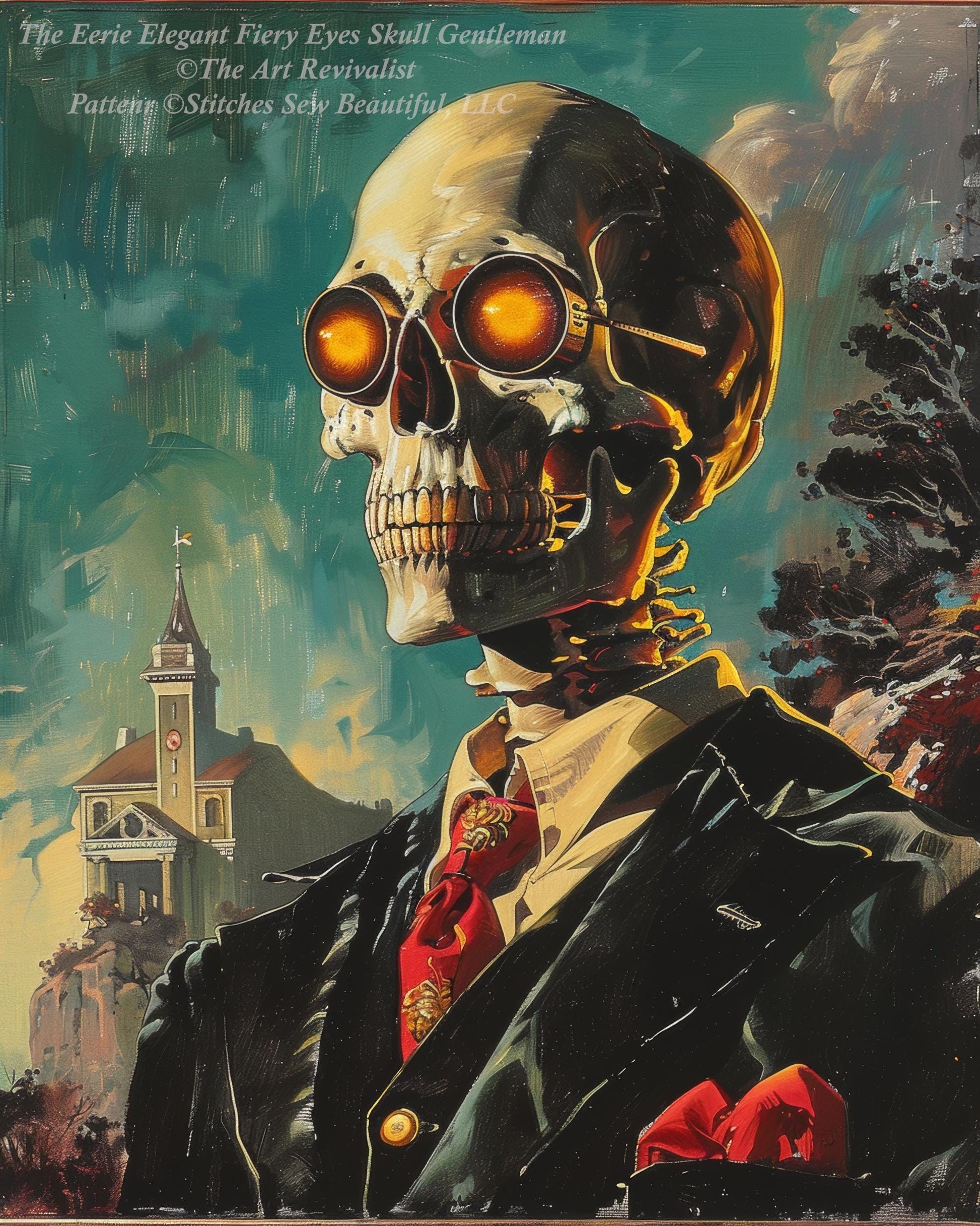 The Eerie Elegant Fiery Eyes Skull Gentleman counted cross stitch pattern by The Art Revivalist