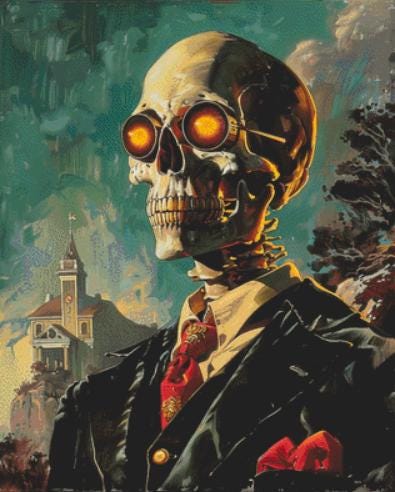 The Eerie Elegant Fiery Eyes Skull Gentleman (Max Color) counted cross stitch pattern by The Art Revivalist