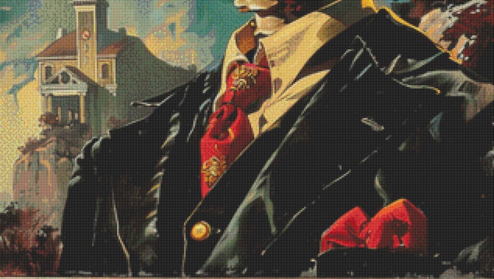 The Eerie Elegant Fiery Eyes Skull Gentleman (Max Color) counted cross stitch pattern by The Art Revivalist