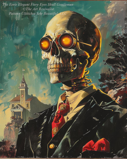 The Eerie Elegant Fiery Eyes Skull Gentleman (Max Color) counted cross stitch pattern by The Art Revivalist