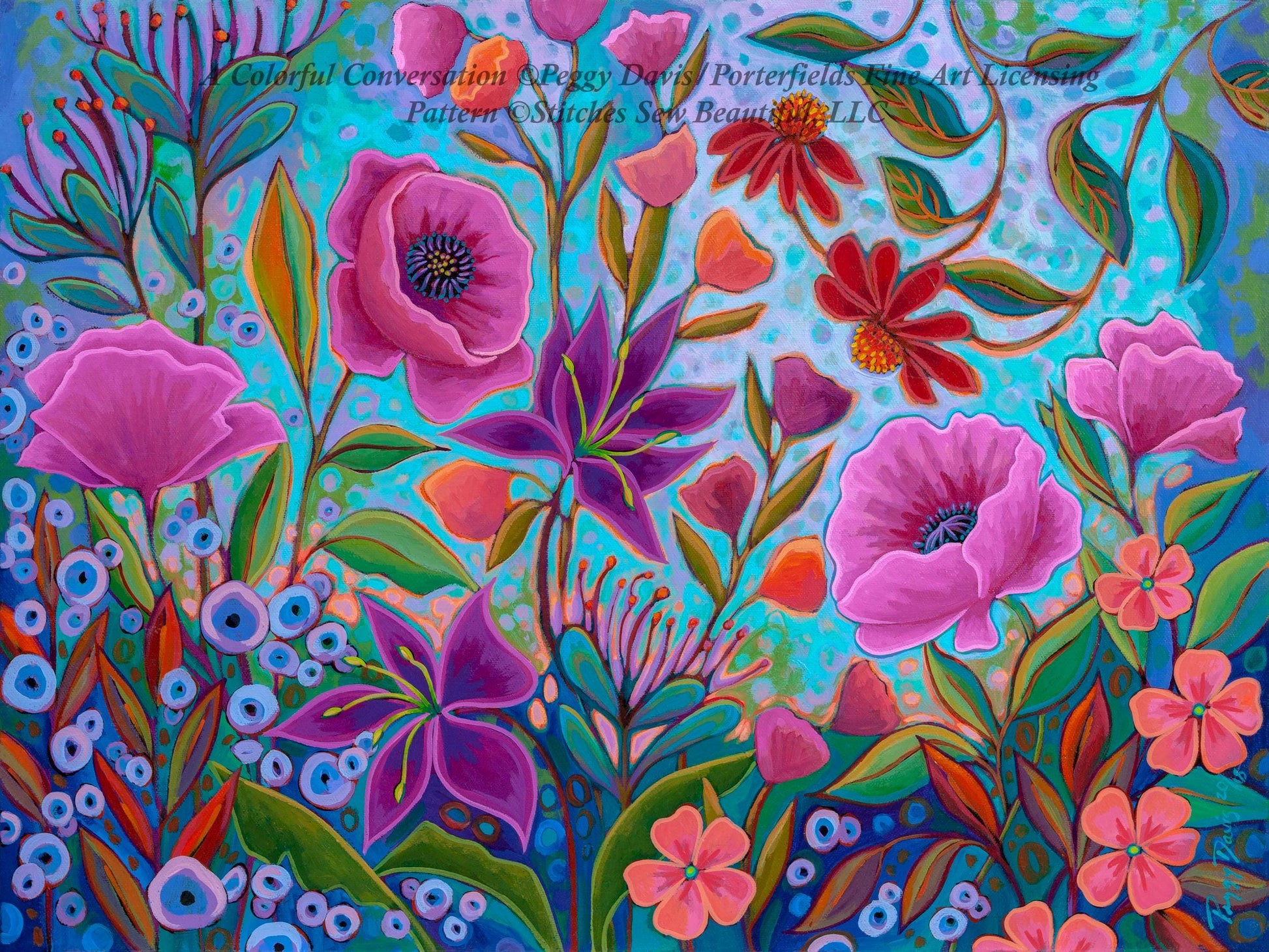 A Colorful Conversation counted cross stitch pattern by Peggy Davis/Porterfields Fine Art Licensing