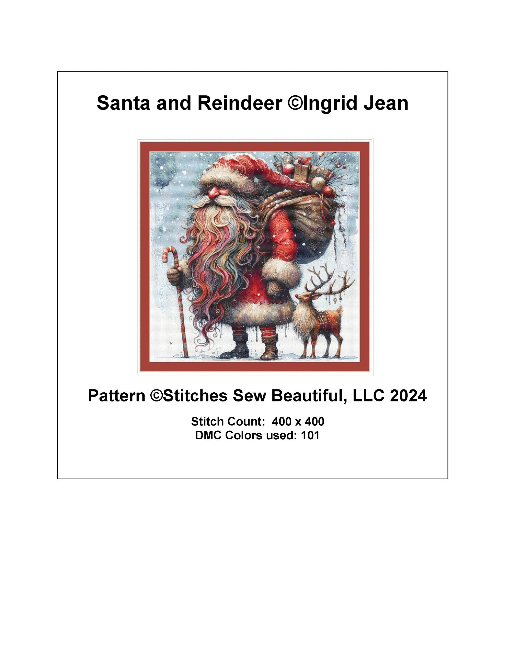 Santa and Reindeer counted cross stitch pattern by Ingrid Jean AI Art