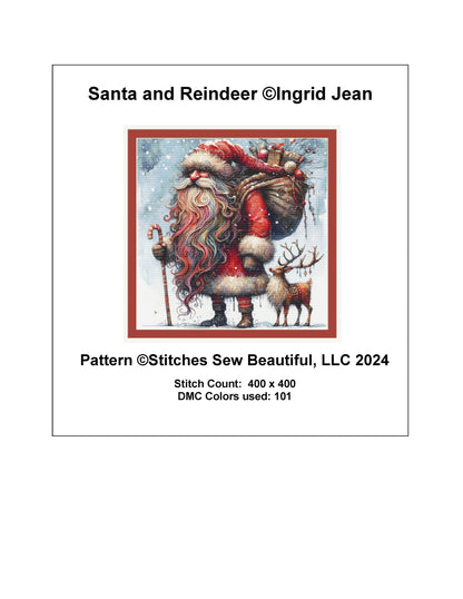 Santa and Reindeer counted cross stitch pattern by Ingrid Jean AI Art