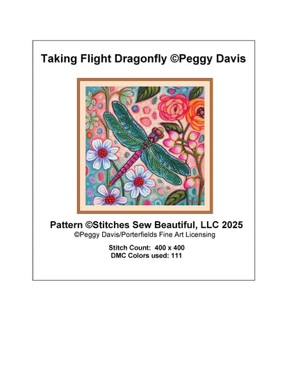 Taking Flight Dragonfly counted cross stitch pattern by Peggy Davis/Porterfields Fine Art Licensing