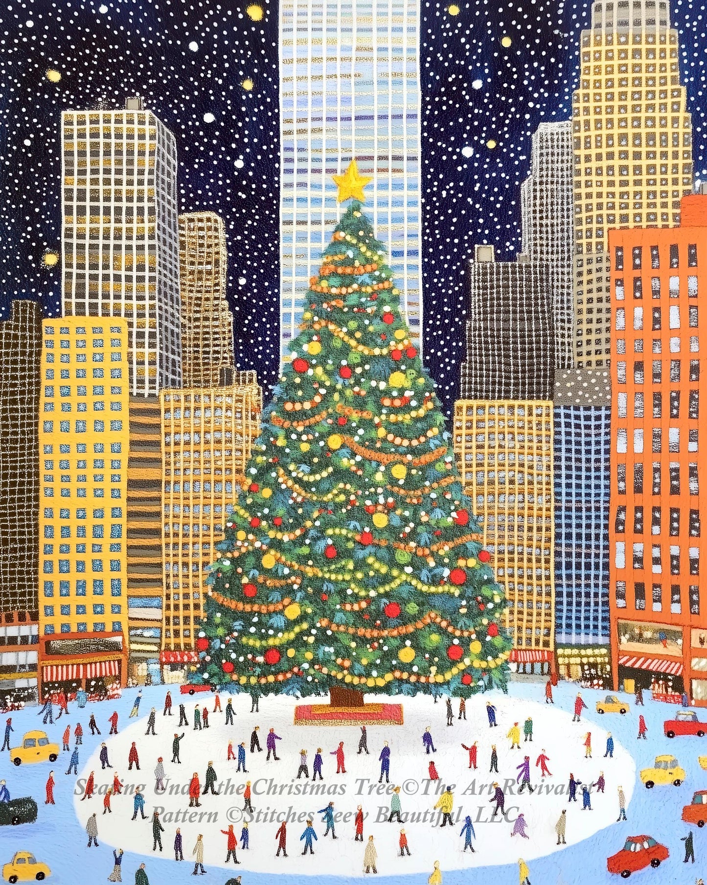 Skating Under the Christmas Tree counted cross stitch pattern by The Art Revivalist