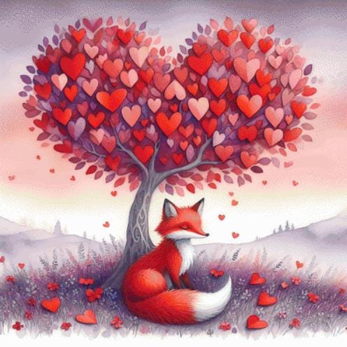 A Foxes Valentine Underneath the Tree of Love counted cross stitch pattern by World of Love Hearts/Adrian G. Eyre