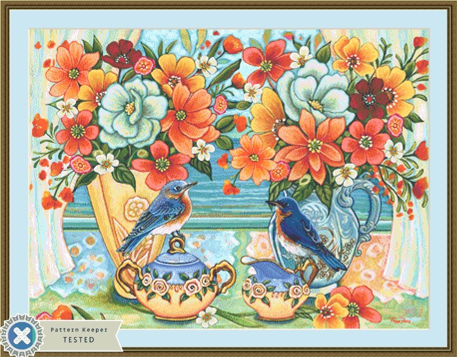 Beachside Blue Birds counted cross stitch pattern by Peggy Davis/Porterfields Fine Art Licensing