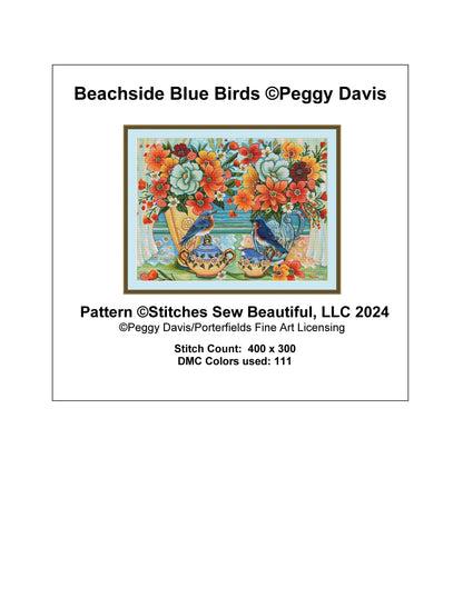 Beachside Blue Birds counted cross stitch pattern by Peggy Davis/Porterfields Fine Art Licensing