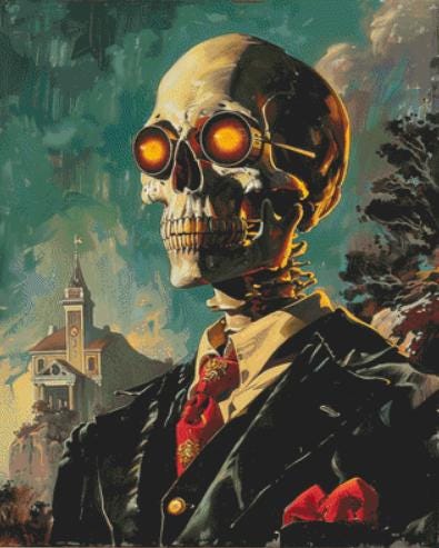 The Eerie Elegant Fiery Eyes Skull Gentleman counted cross stitch pattern by The Art Revivalist