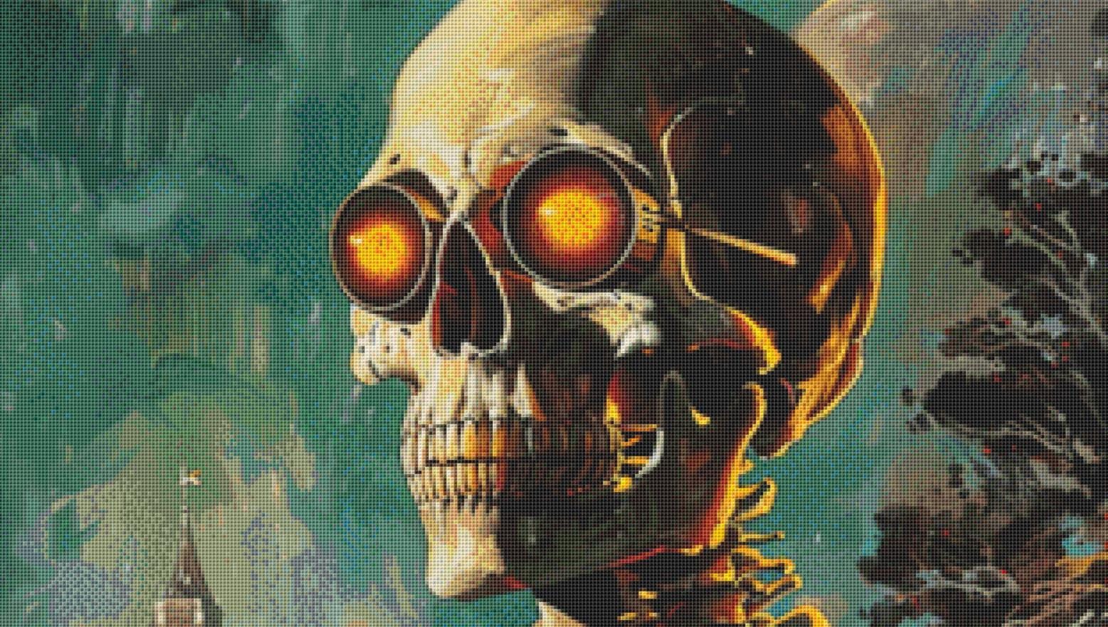 The Eerie Elegant Fiery Eyes Skull Gentleman (Max Color) counted cross stitch pattern by The Art Revivalist