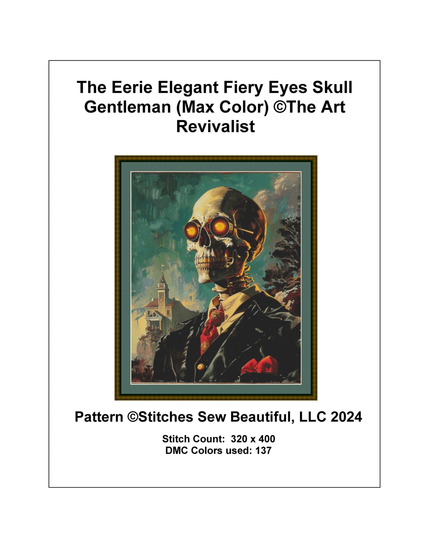 The Eerie Elegant Fiery Eyes Skull Gentleman (Max Color) counted cross stitch pattern by The Art Revivalist