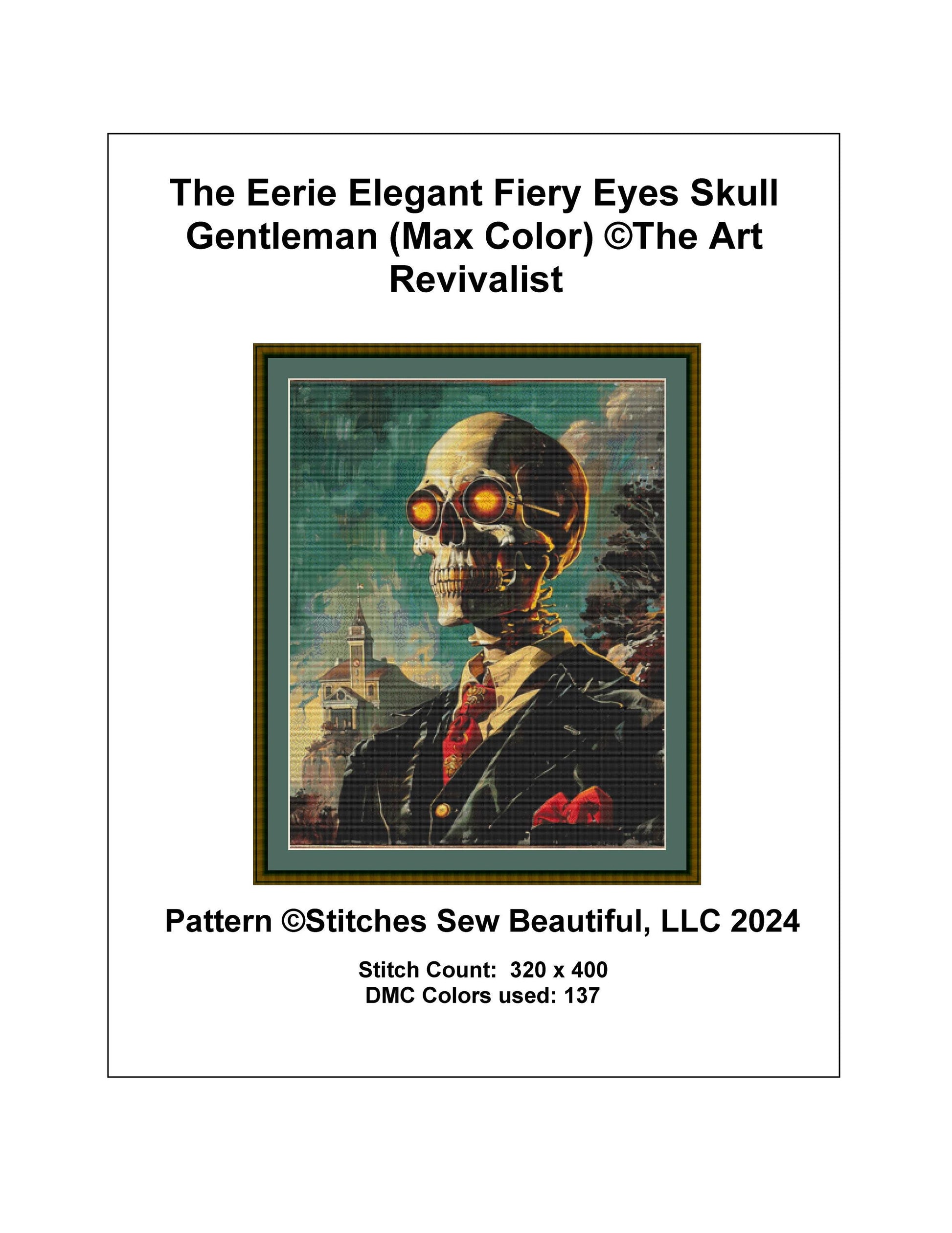 The Eerie Elegant Fiery Eyes Skull Gentleman (Max Color) counted cross stitch pattern by The Art Revivalist