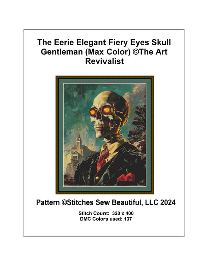 The Eerie Elegant Fiery Eyes Skull Gentleman (Max Color) counted cross stitch pattern by The Art Revivalist