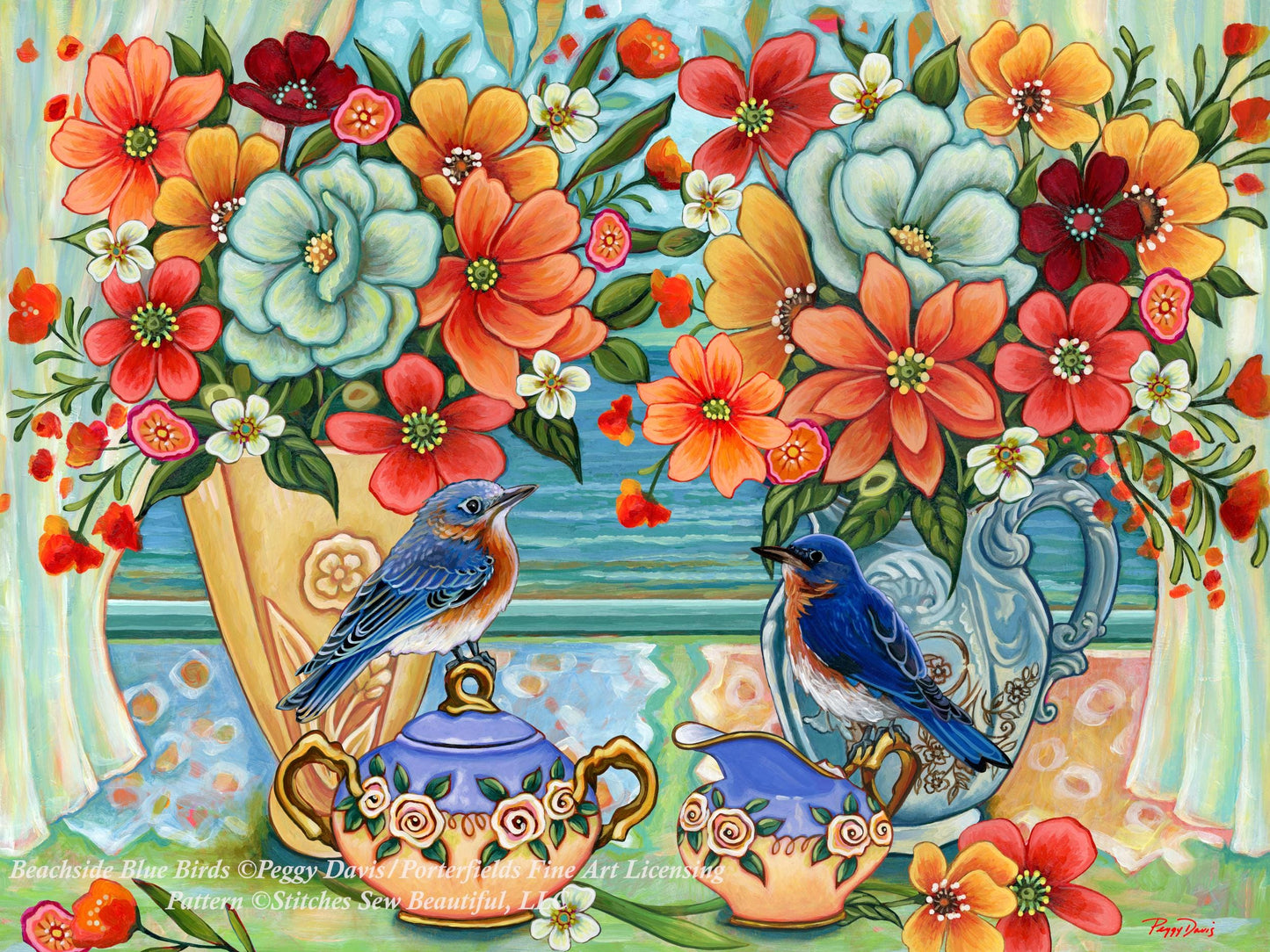 Beachside Blue Birds counted cross stitch pattern by Peggy Davis/Porterfields Fine Art Licensing