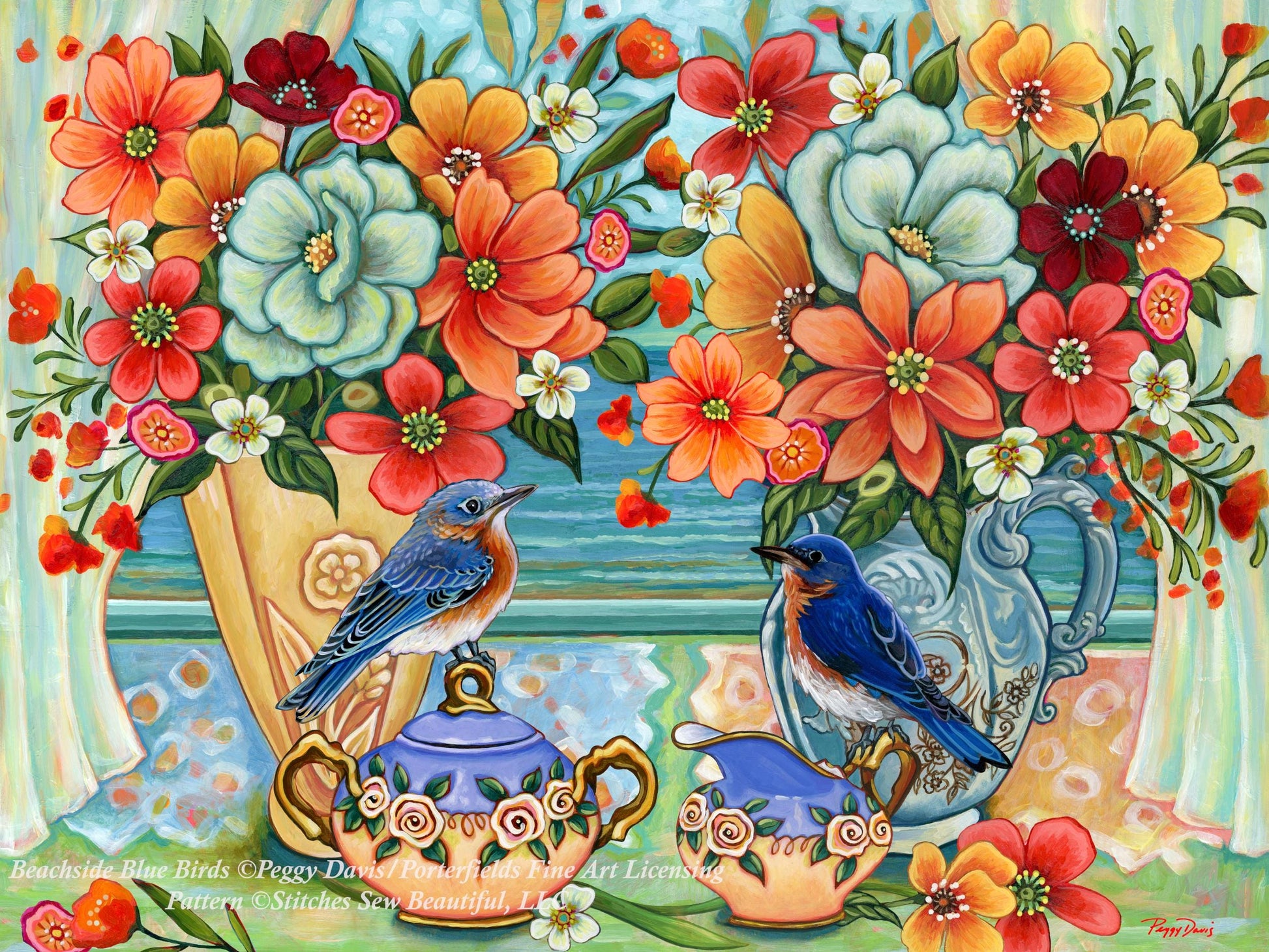 Beachside Blue Birds counted cross stitch pattern by Peggy Davis/Porterfields Fine Art Licensing