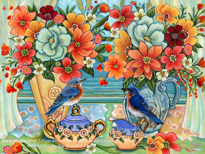 Beachside Blue Birds counted cross stitch pattern by Peggy Davis/Porterfields Fine Art Licensing