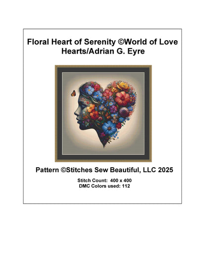 Floral Heart of Serenity counted cross stitch pattern by World of Love Hearts/Adrian G. Eyre