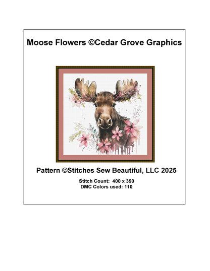 Moose Flowers counted cross stitch pattern by Cedar Grove Graphics