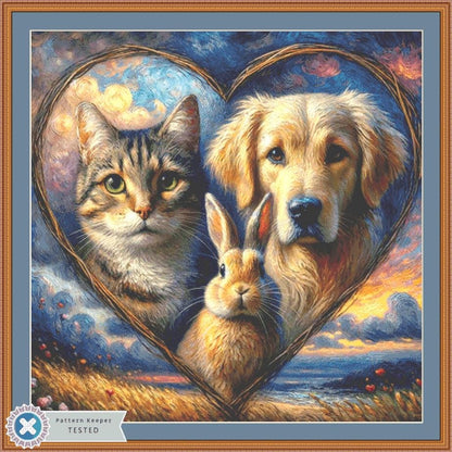Harmony in Hues Cat, Dog, and Rabbit counted cross stitch pattern by World of Love Hearts/Adrian G. Eyre