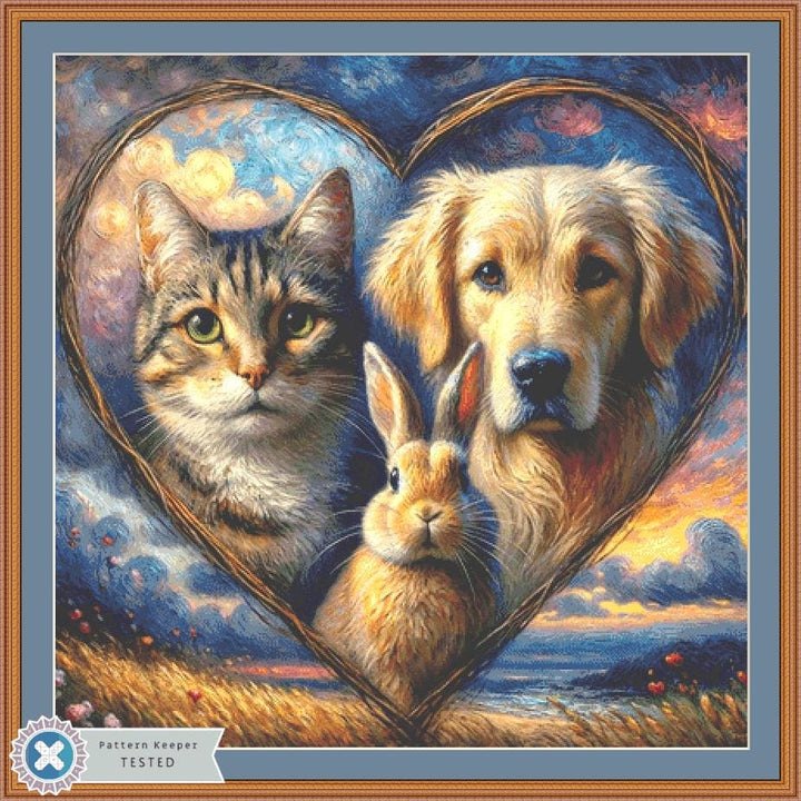 Harmony in Hues Cat, Dog, and Rabbit counted cross stitch pattern by World of Love Hearts/Adrian G. Eyre