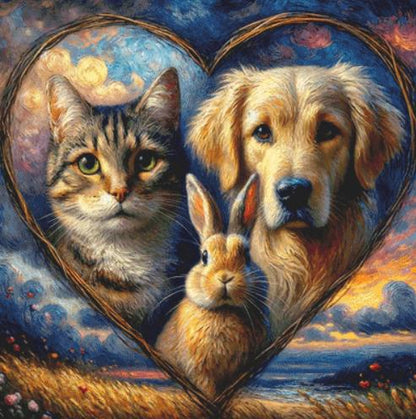 Harmony in Hues Cat, Dog, and Rabbit counted cross stitch pattern by World of Love Hearts/Adrian G. Eyre