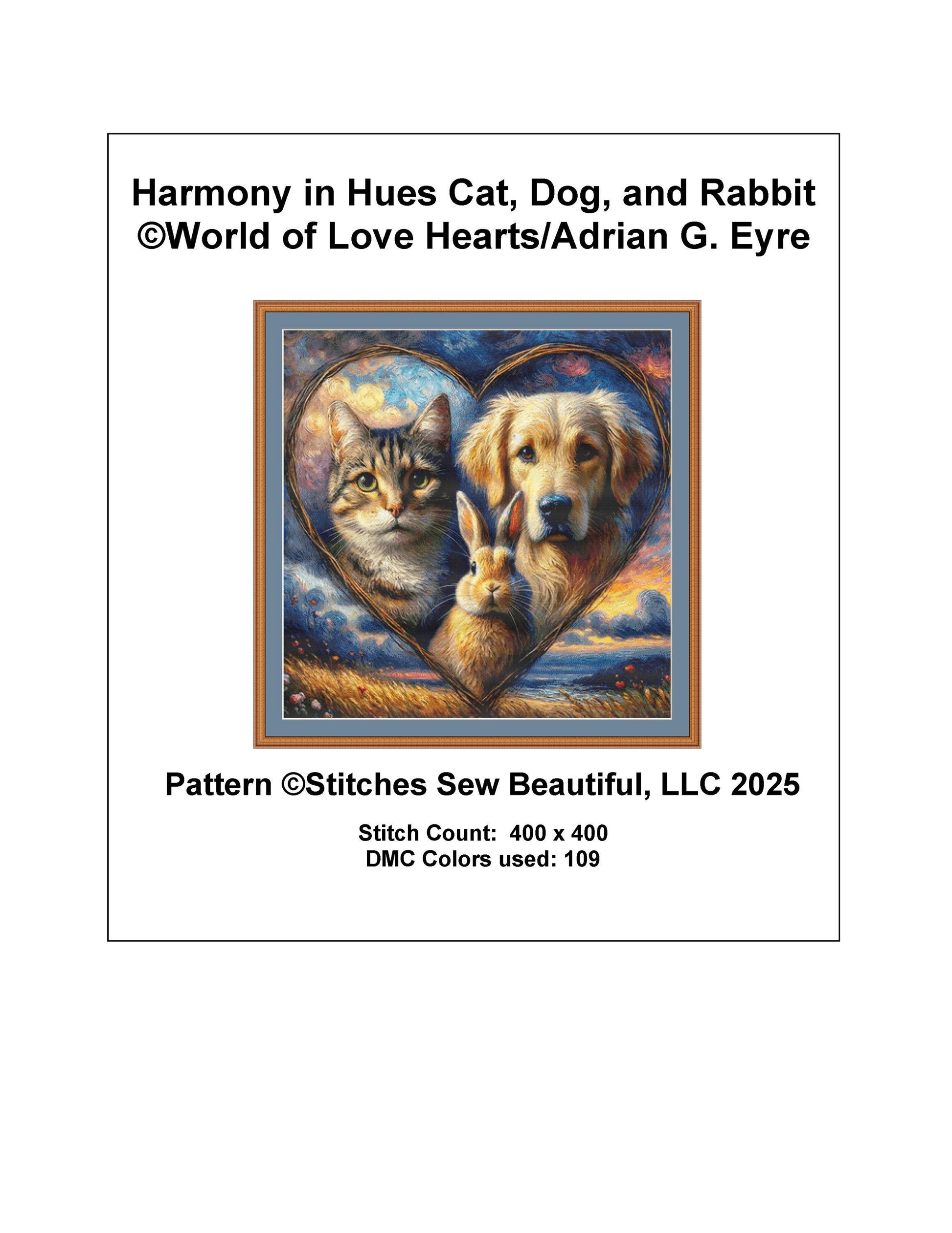 Harmony in Hues Cat, Dog, and Rabbit counted cross stitch pattern by World of Love Hearts/Adrian G. Eyre