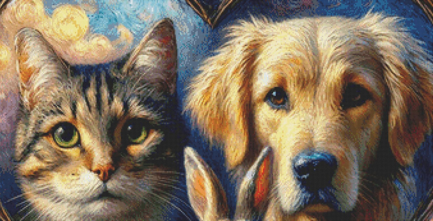 Harmony in Hues Cat, Dog, and Rabbit counted cross stitch pattern by World of Love Hearts/Adrian G. Eyre
