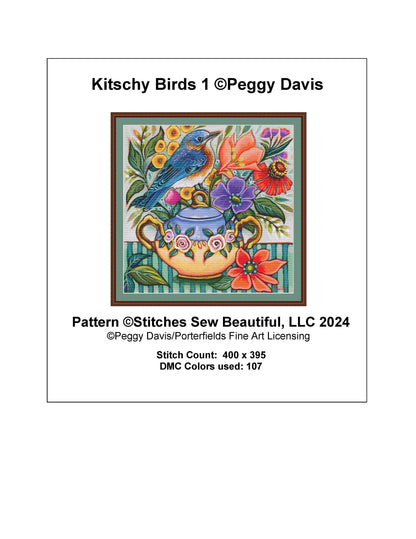 Kitschy Birds 1 counted cross stitch pattern by Peggy Davis/Porterfields Fine Art Licensing