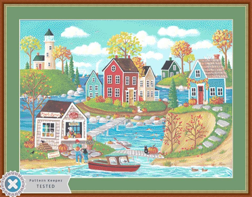 Autumn in Chestnut Cove counted cross stitch pattern by Kim Leo licensed by JMS Art Licensing