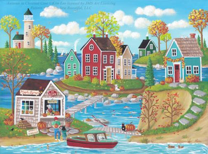Autumn in Chestnut Cove counted cross stitch pattern by Kim Leo licensed by JMS Art Licensing