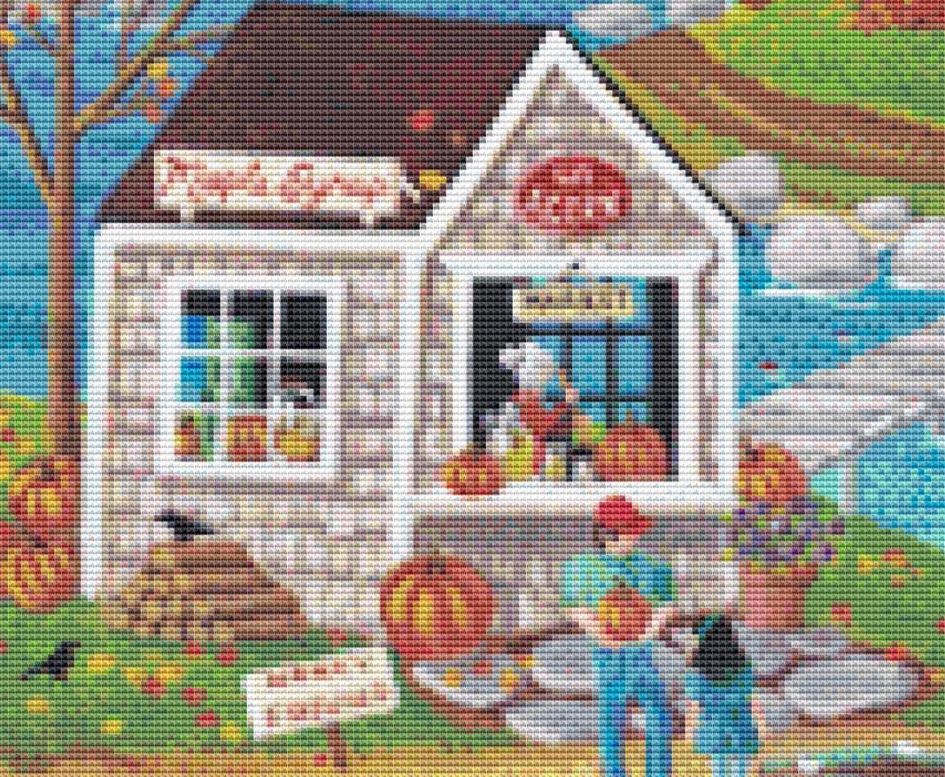 Autumn in Chestnut Cove counted cross stitch pattern by Kim Leo licensed by JMS Art Licensing