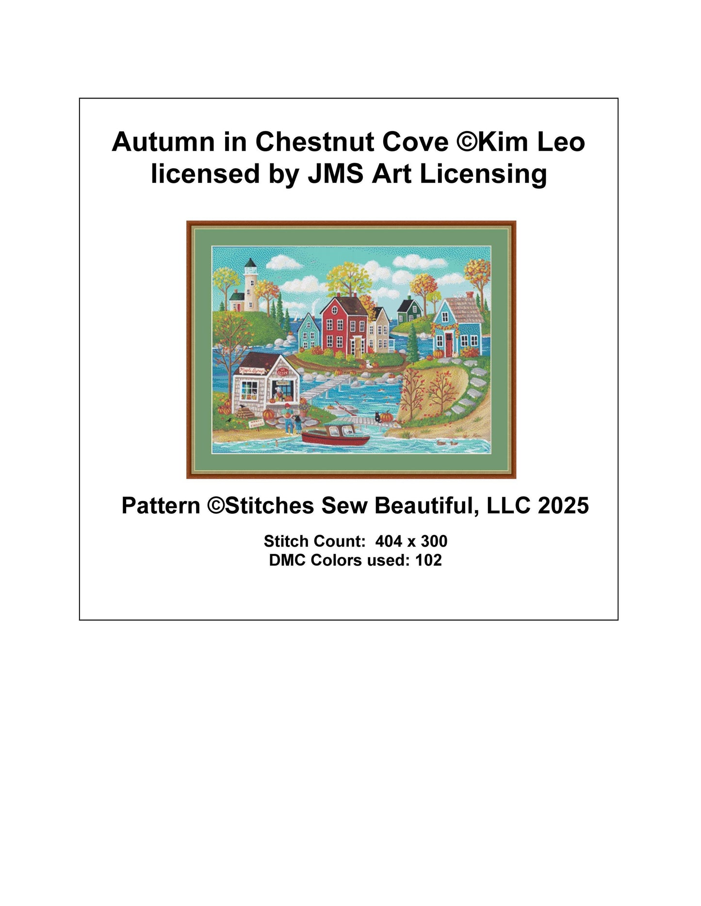 Autumn in Chestnut Cove counted cross stitch pattern by Kim Leo licensed by JMS Art Licensing
